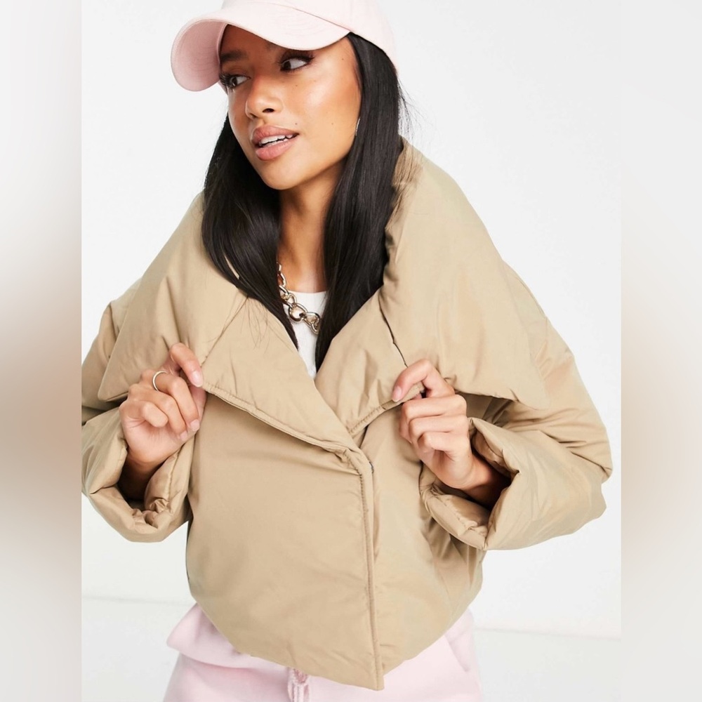 ASOS DESIGN Petite Luxe Collar Cropped Puffer Jacket In Camel Tan Crop Coat US 4